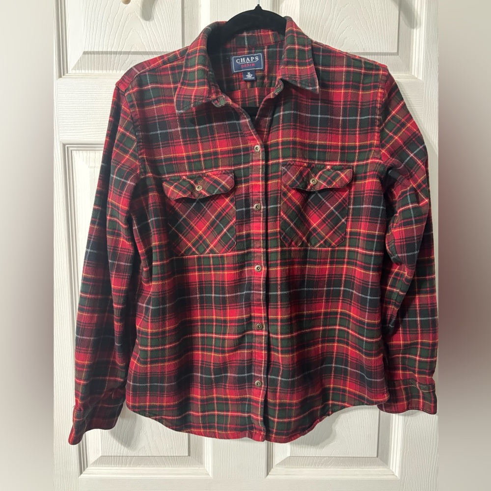 Chaps Denim Flannel Plaid Long Sleeve Red Button Down Shirt Youth XL Cotton